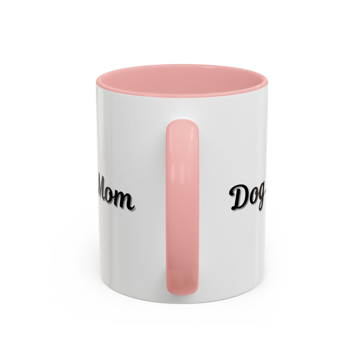 Dog Mom Accent Coffee Mug — white ceramic coffee mug with retro script "Dog Mom" print, colored interior and C-handle, 11oz/15oz, styled lifestyle product photo