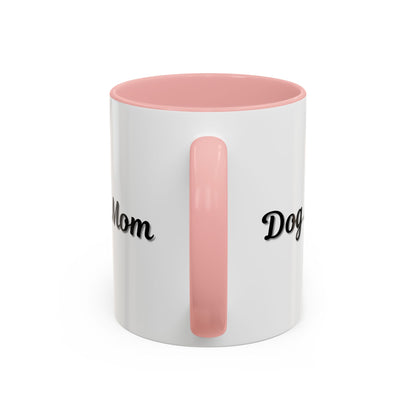 Dog Mom Accent Coffee Mug — white ceramic coffee mug with retro script "Dog Mom" print, colored interior and C-handle, 11oz/15oz, styled lifestyle product photo
