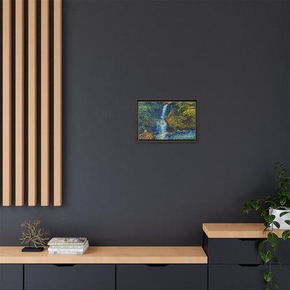 Framed matte canvas print of impressionist waterfall wall art by Printify, showcasing vibrant colors and textured brushstrokes.