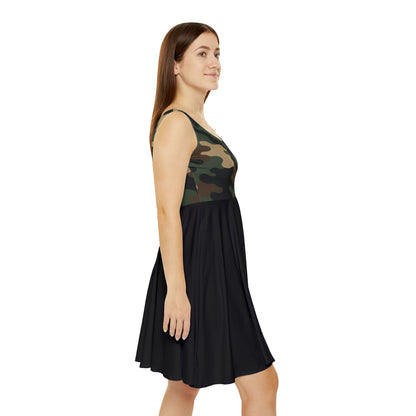 Women's camo print skater dress with all over camouflage pattern, casual summer style by Printify, shown on a model.
