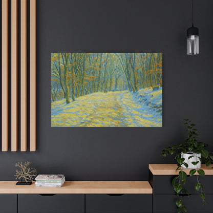 Winter landscape canvas wall art by Printify featuring a cozy nature scene, perfect for living room decor.