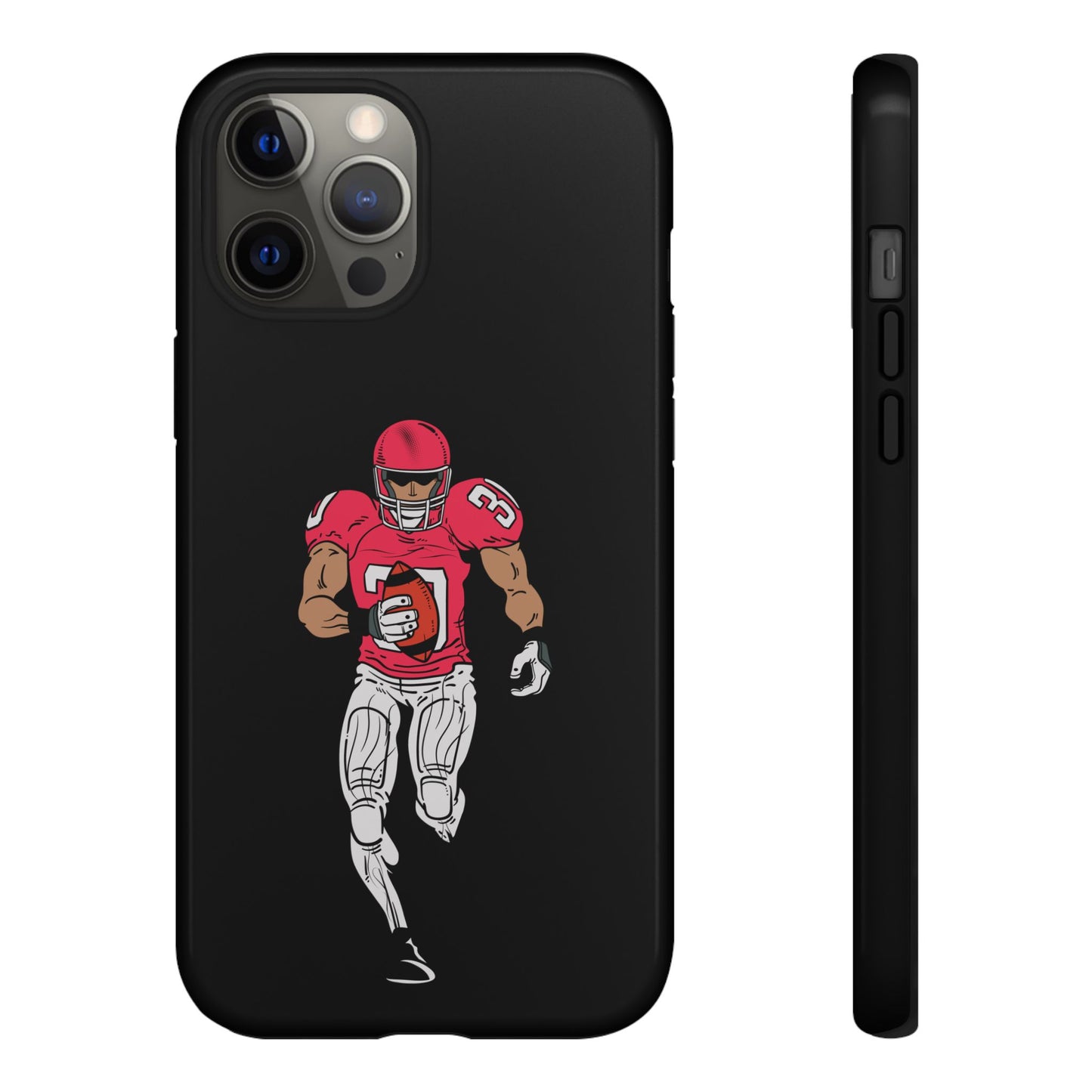 Black football player tough phone case for iPhone, protective sports-themed case with athletic design by Printify
