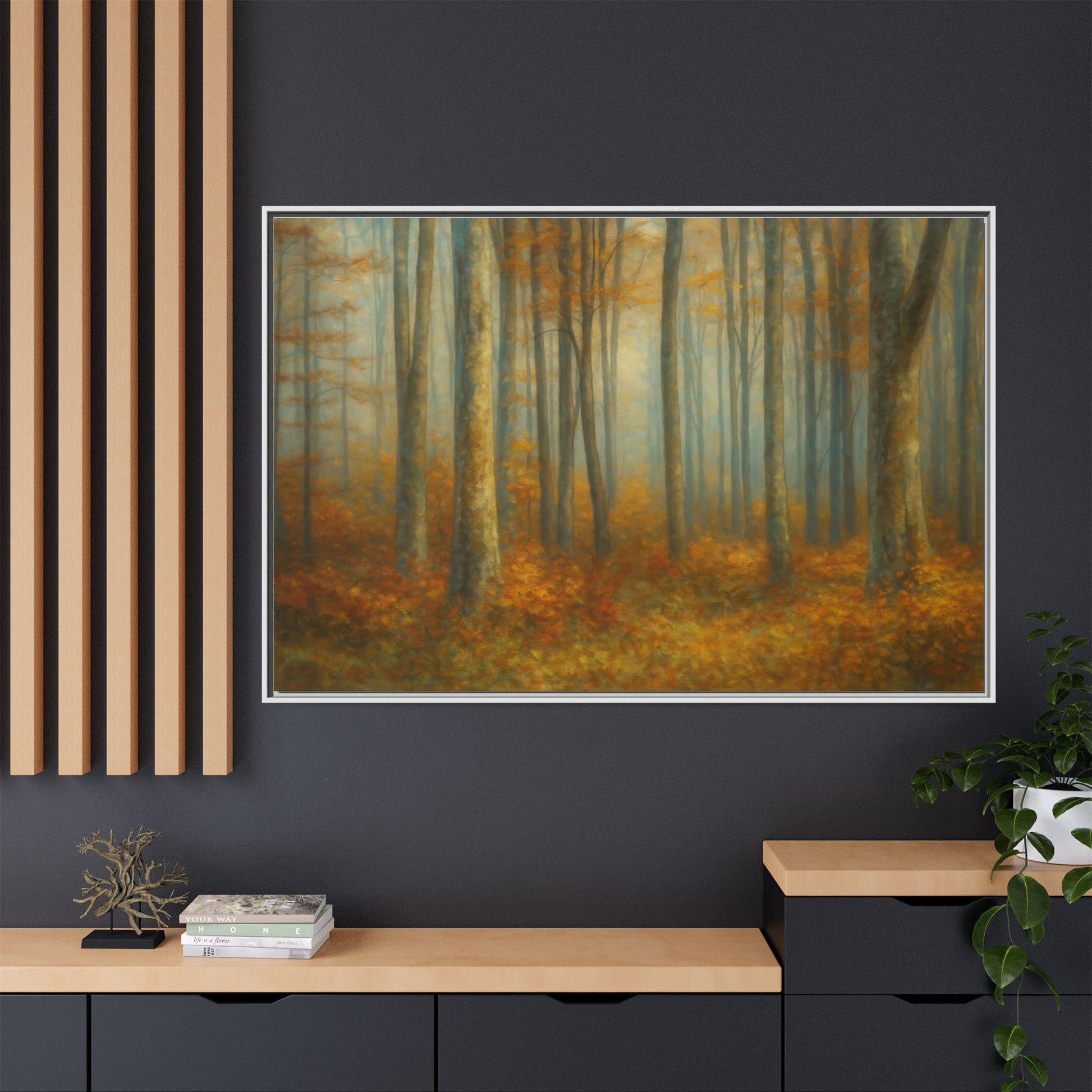 Framed autumn forest canvas print featuring misty woodland scene, wall art by Printify, perfect for nature-inspired home decor.