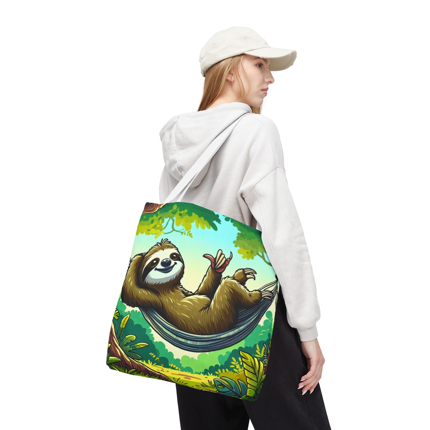 Eco-friendly sloth tote bag by Printify, featuring a cute animal design, perfect for carrying daily essentials.