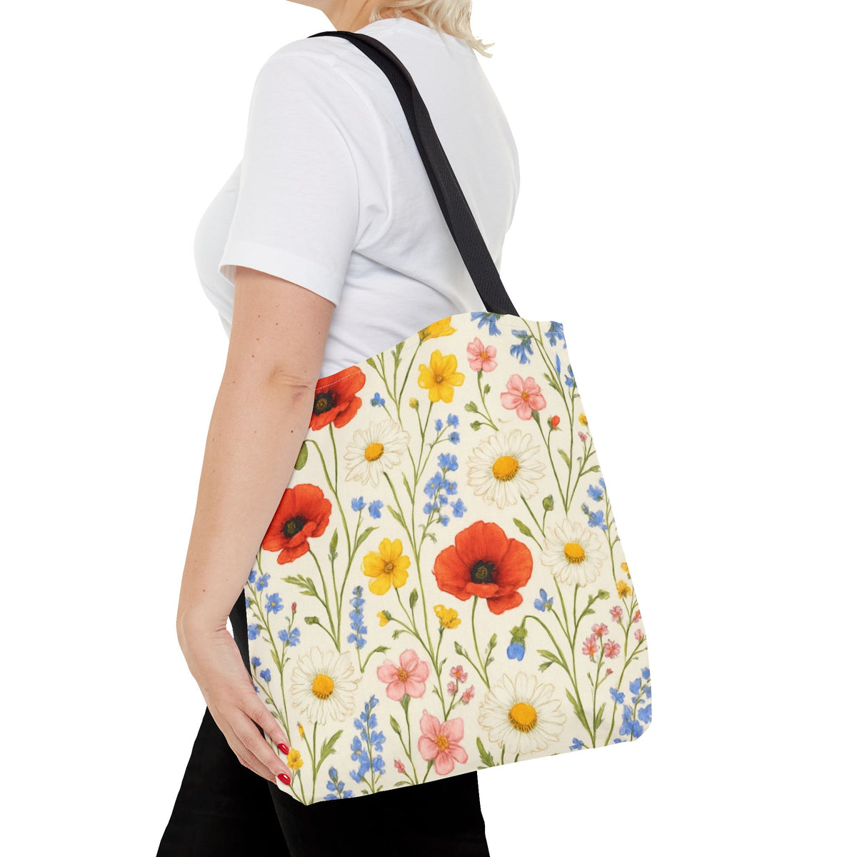 Wildflower Poppy print tote bag by Printify featuring a floral all-over pattern in vibrant colors on a sturdy fabric bag.