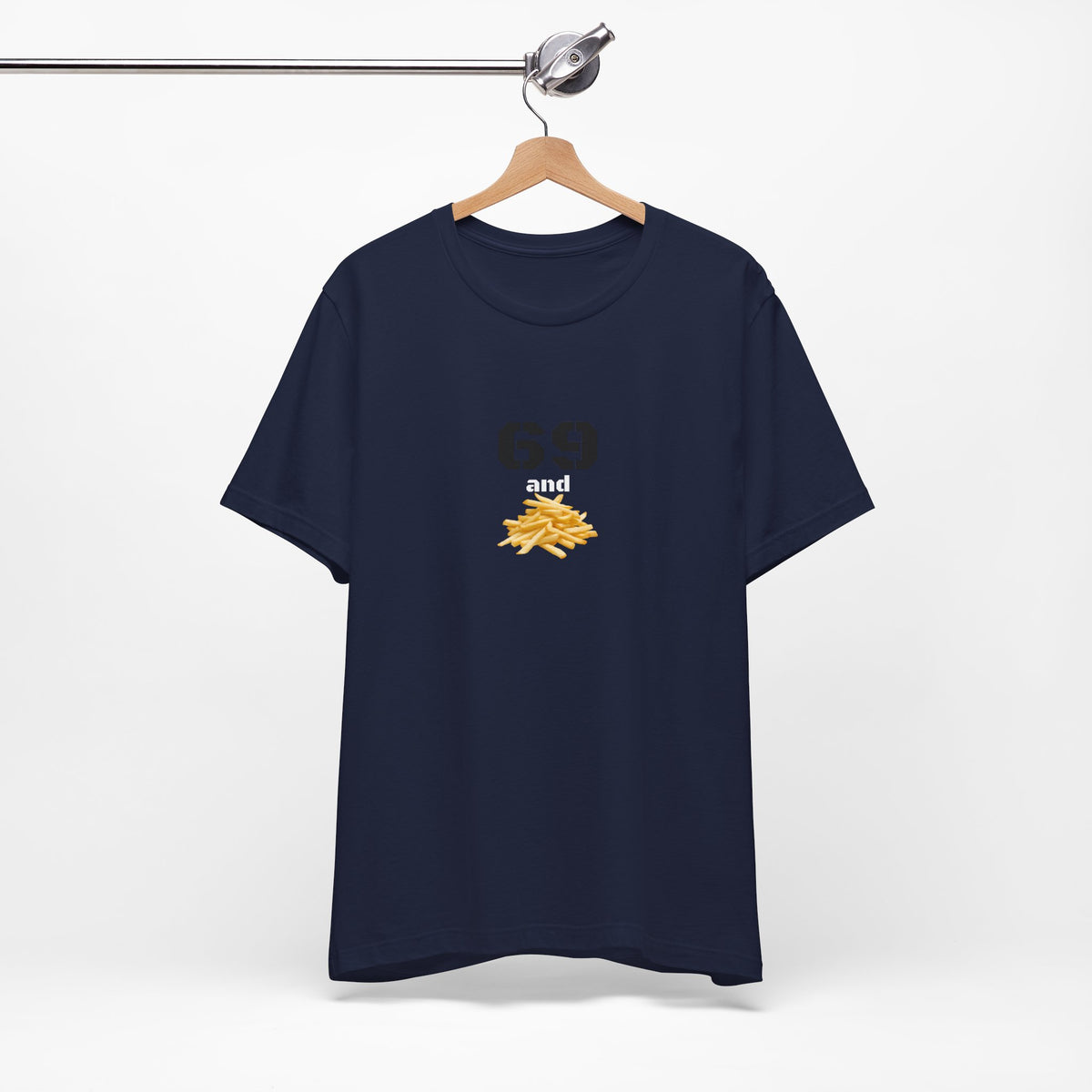Unisex graphic T-shirt featuring a humorous "69 & French Fries" design, in soft fabric with colorful print.