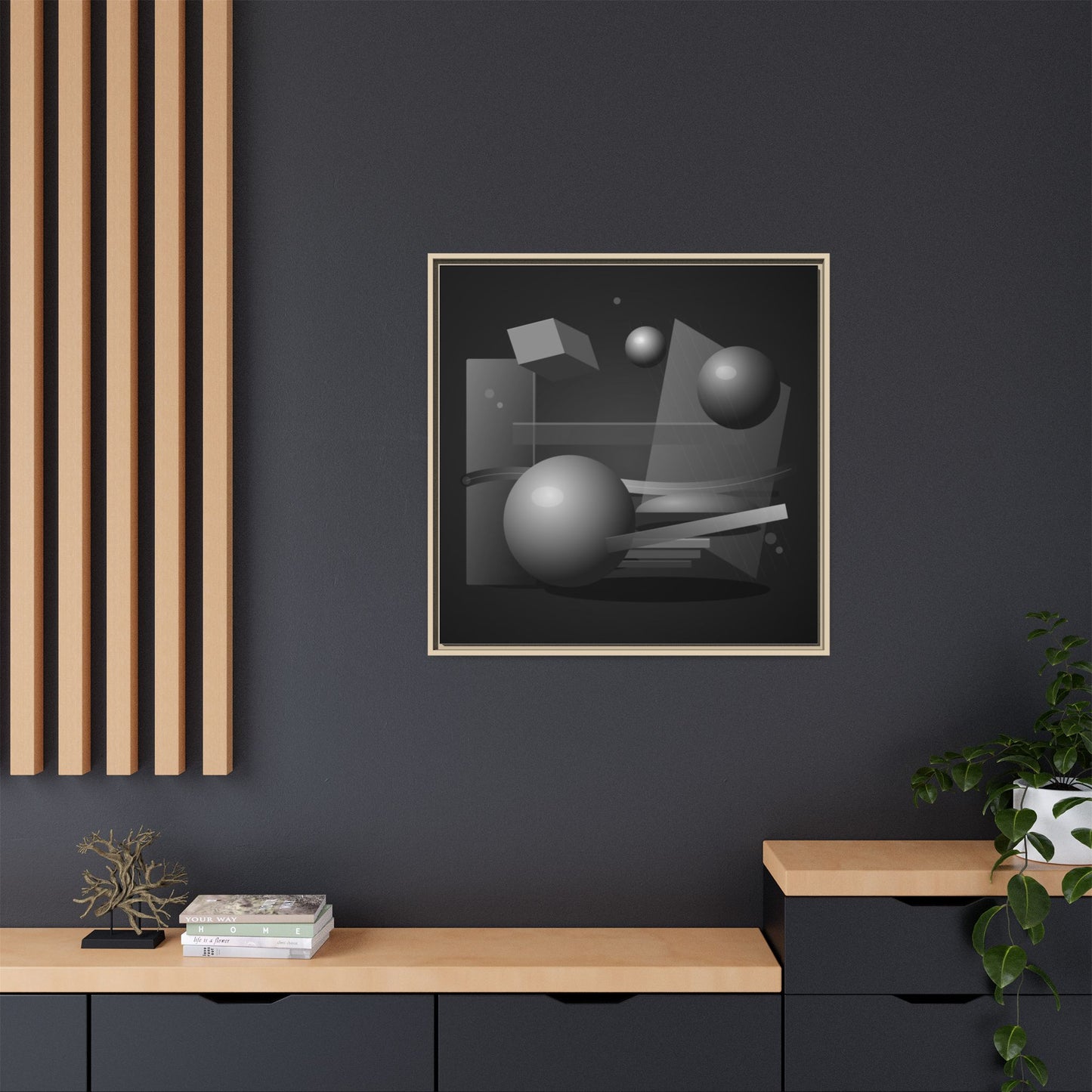 Monochrome Geometric Spheres Canvas Framed Wall Art | Matte Print