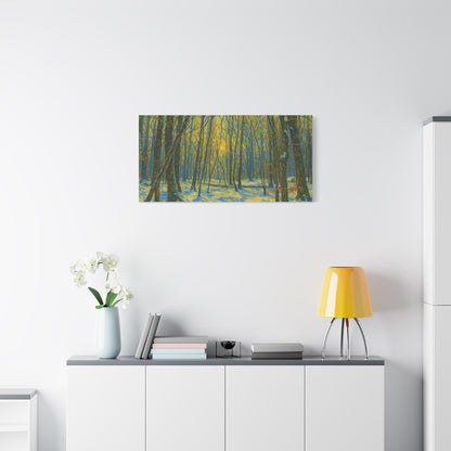 Winter woodland canvas print by Printify featuring sunlight filtering through trees, matte stretched forest scenery artwork.