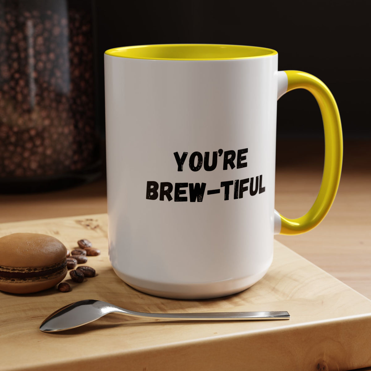 You’re Brew-tiful Coffee Mug – Cute Coffee Pun Accent Mug (11/15oz) — white ceramic accent mug with glossy finish and bold black “YOU’RE BREW-TIFUL” print, front view