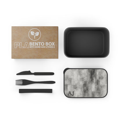 Gray abstract brushstroke Printify Bento Box with initials, stylish PLA lunchbox for accessories and everyday use.