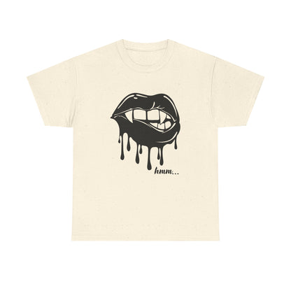 Black graphic T-shirt by Printify featuring a dripping lips design with the text "hmm..." printed on the front.