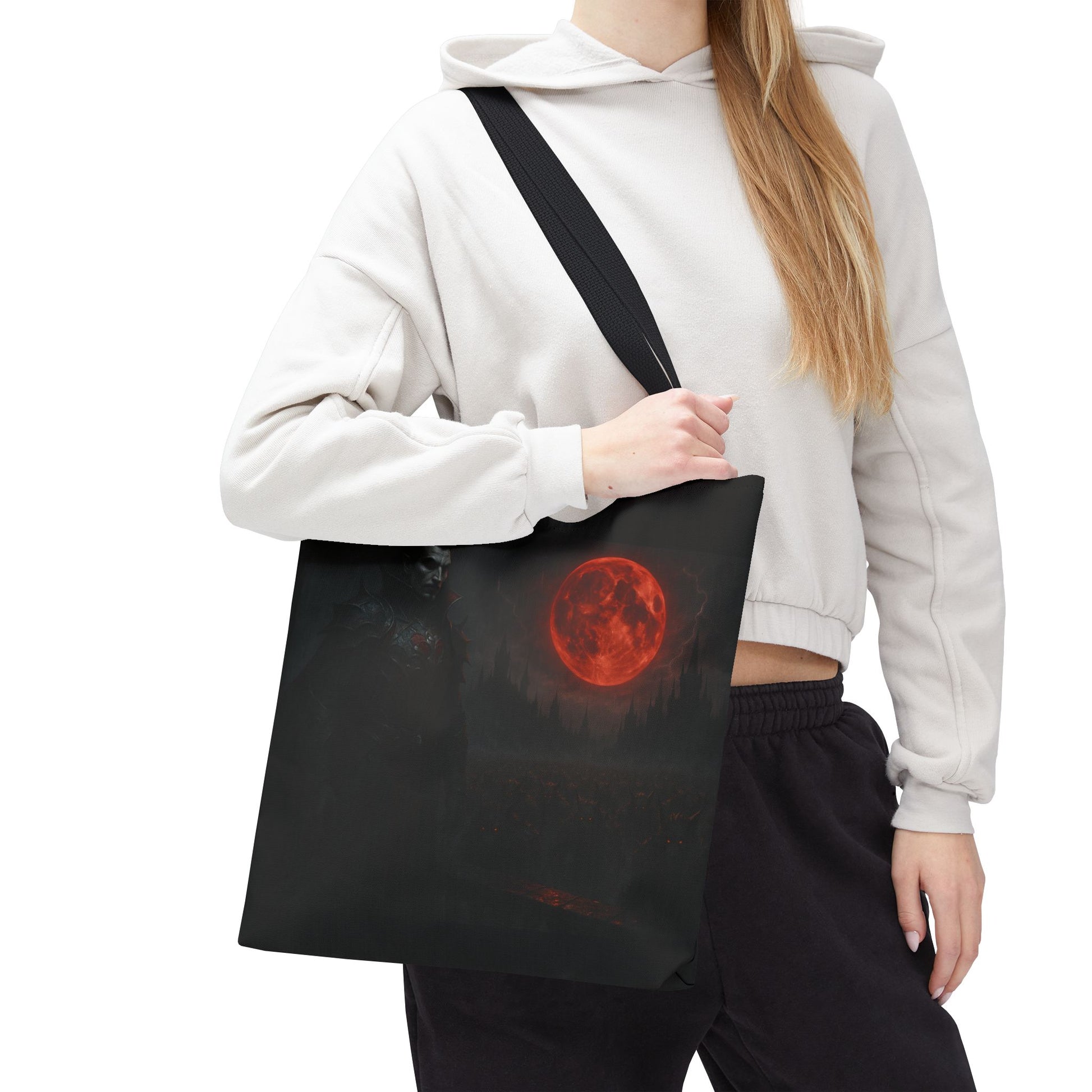 Gothic Dracula tote bag with moonlit vampire art, featuring a Halloween-themed design, perfect for fans of spooky fashion and accessories.