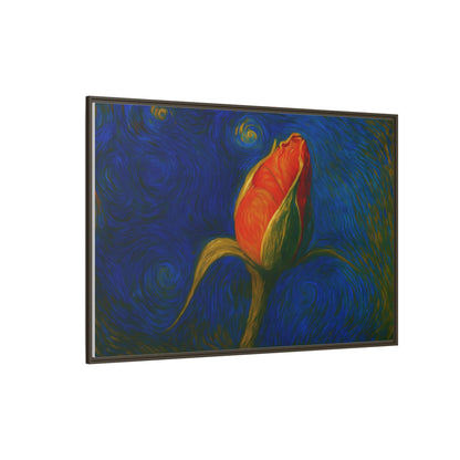 Red rose bud painting on framed canvas wall art by Printify, featuring a close-up of vibrant red rose buds on matte canvas.