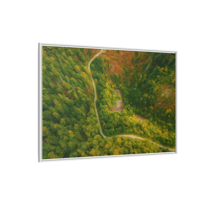 Colorful framed matte canvas wall art featuring a forest path landscape, ideal for nature-inspired home decor.