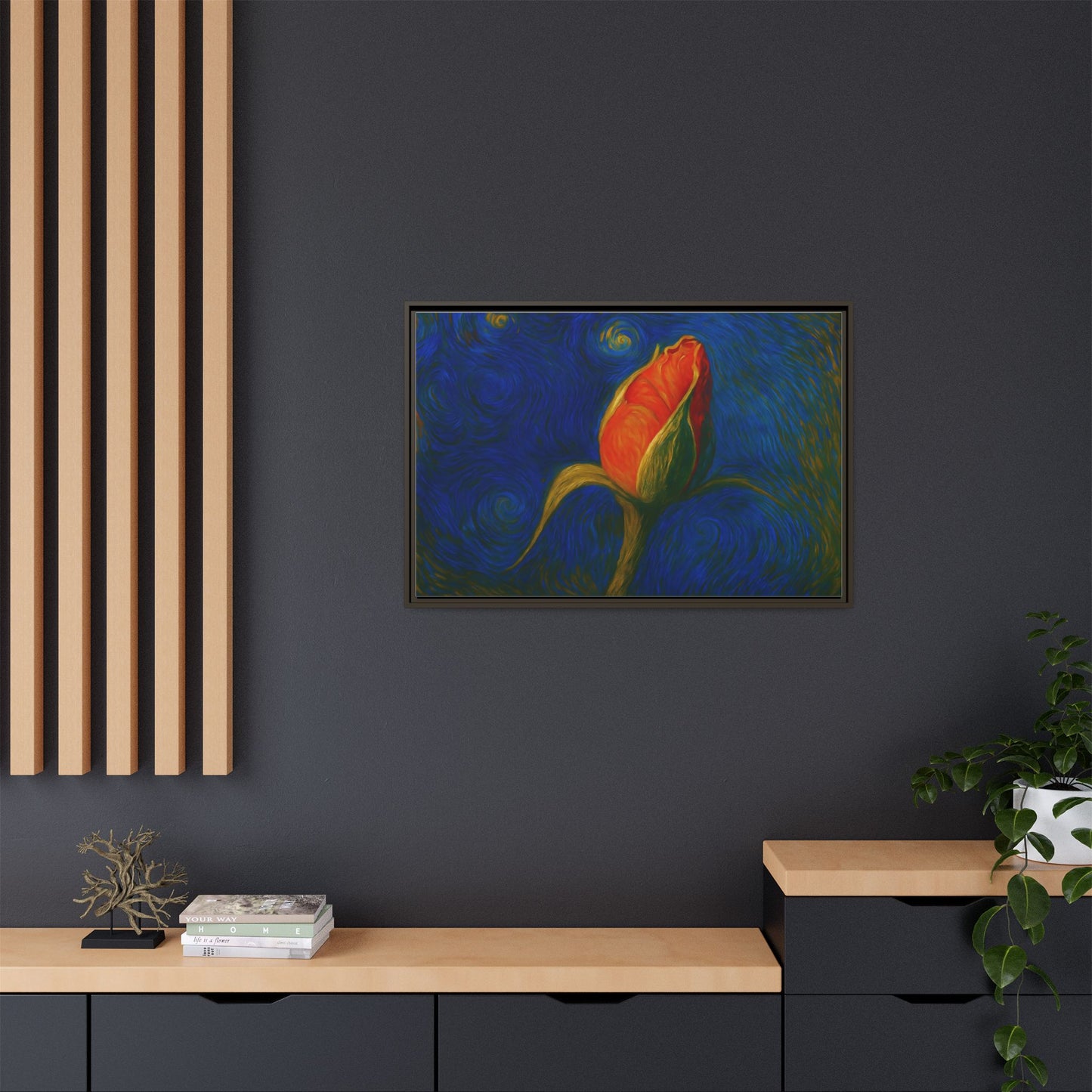 Red rose bud painting on canvas framed wall art by Printify, featuring a vibrant matte floral design for home decor.
