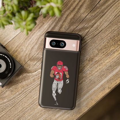 Black protective football player sports phone case for iPhone, featuring a tough design by Printify.