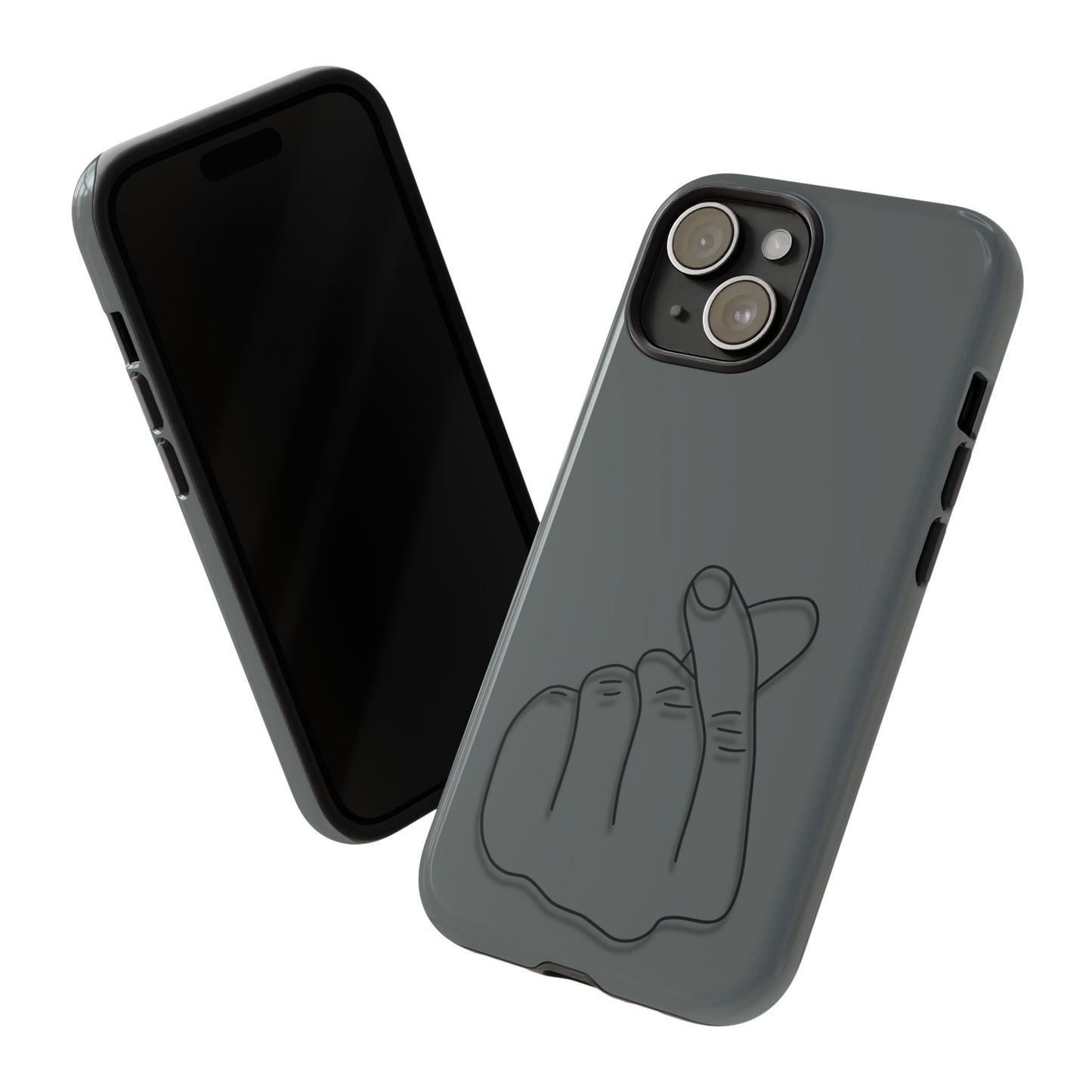Silicone phone case with embossed Korean finger heart design, compatible with smartphones, by Printify.