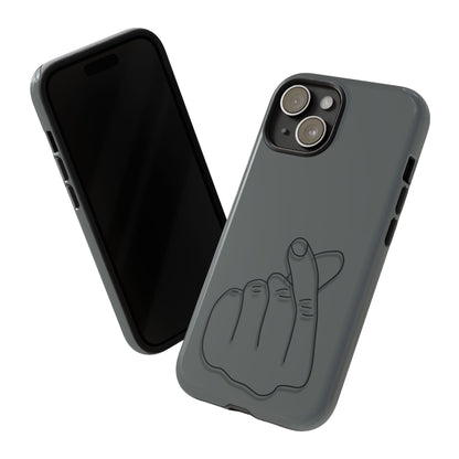 Silicone phone case with embossed Korean finger heart design, compatible with smartphones, by Printify.