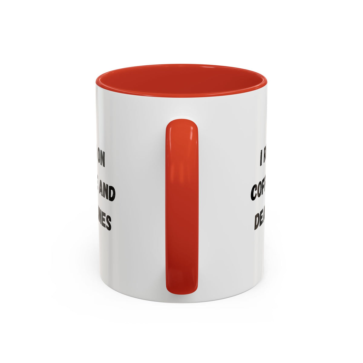 White ceramic coffee mug with "I Run on Coffee and Deadlines" text, featuring a black handle and print design, suitable for coffee lovers.