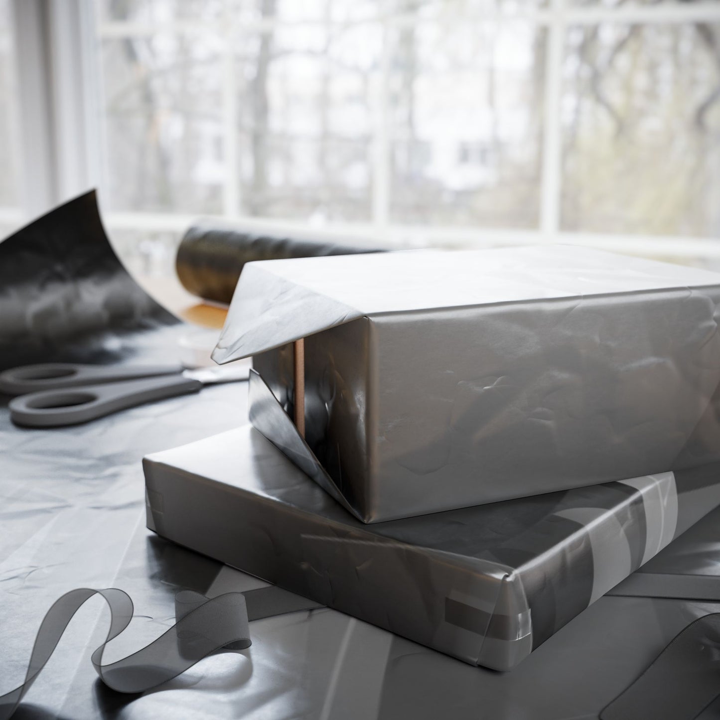 Black and gray geometric shapes wrapping paper roll by Printify, featuring modern pattern on gift wrap suitable for various occasions.