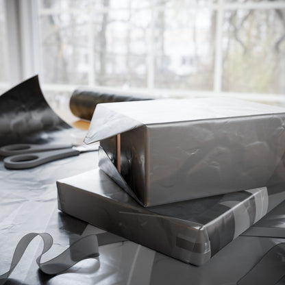 Black and gray geometric shapes wrapping paper roll by Printify, featuring modern pattern on gift wrap suitable for various occasions.