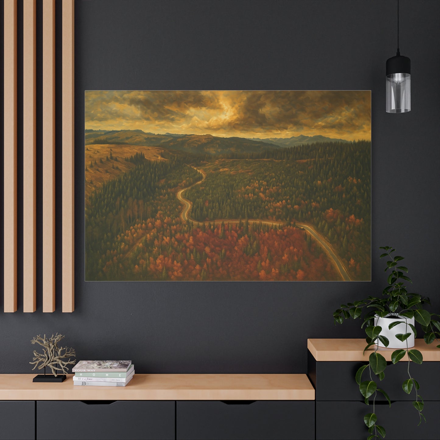 Autumn Ridge Road matte stretched canvas featuring a moody forest landscape wall art by Printify