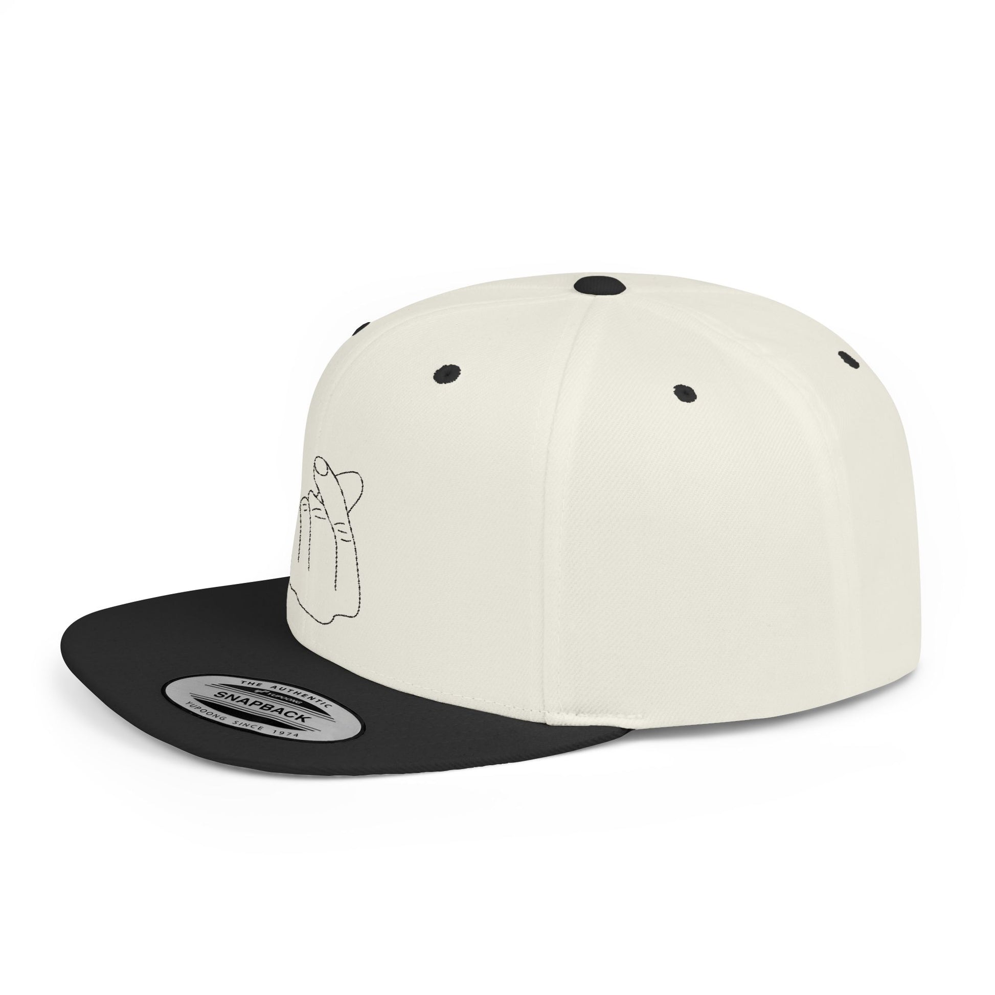 Minimalist hand gesture flat bill snapback hat by Printify featuring a clean design and adjustable strap.