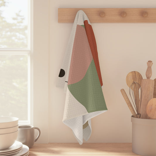 Abstract organic shapes microfiber tea towel with modern neutral design, featuring soft colors and decorative patterns for kitchen use.