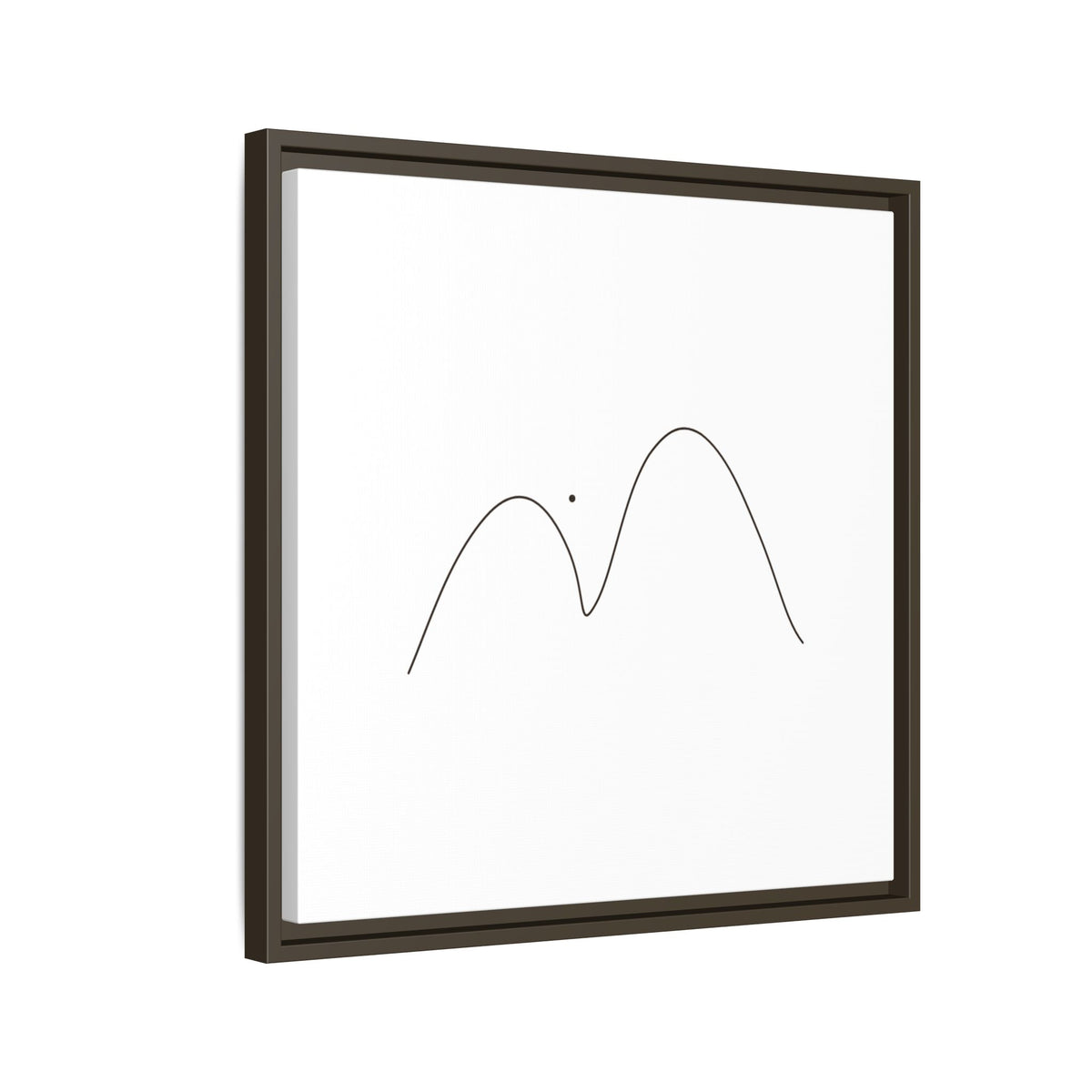 Framed minimalist mountain line art canvas print by Printify, featuring simple black mountain outline on matte background.
