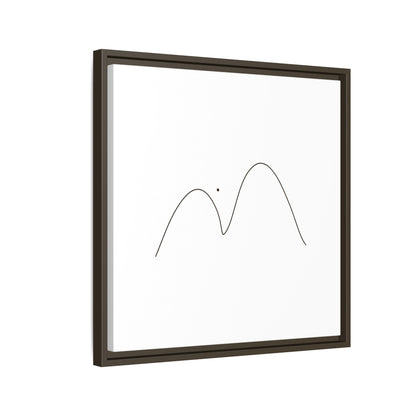 Framed minimalist mountain line art canvas print by Printify, featuring simple black mountain outline on matte background.