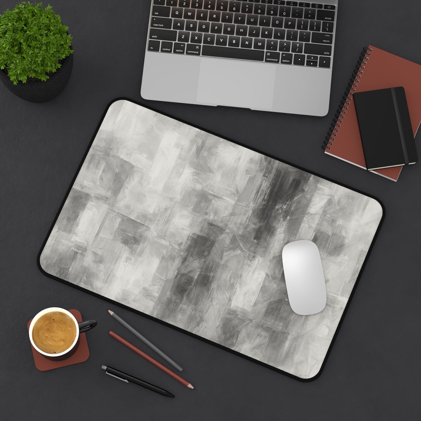Abstract gray brushstroke desk mat from Printify, modern neutral desk pad with artistic design and soft surface for workspace.