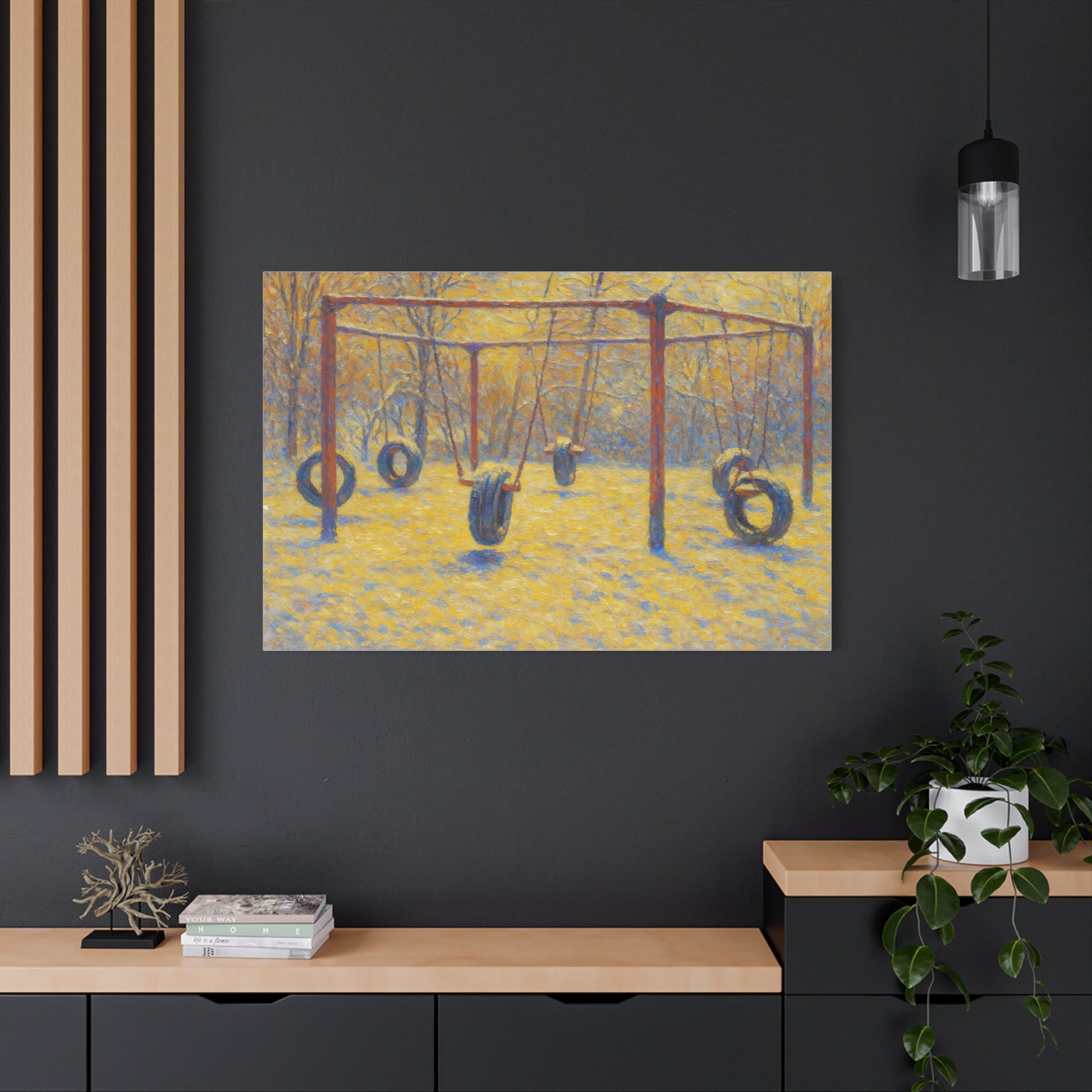 Matte stretched canvas wall art featuring a playful tire swing playground scene, ideal for children's room decor.
