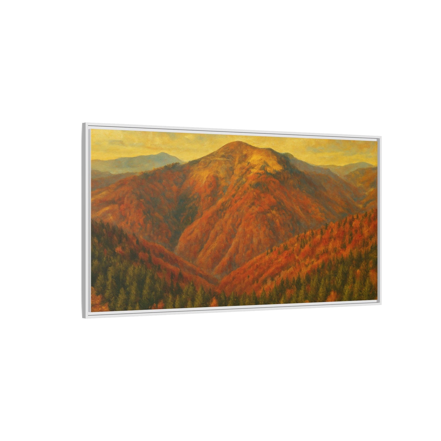 Autumn mountain matte canvas framed wall art by Printify featuring a scenic mountain landscape in warm tones.