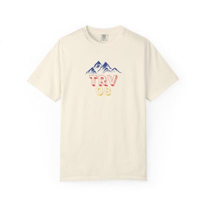 Unisex Printify TRV08 Logo T-Shirt with garment-dyed fabric, displaying a simple logo design on the front.