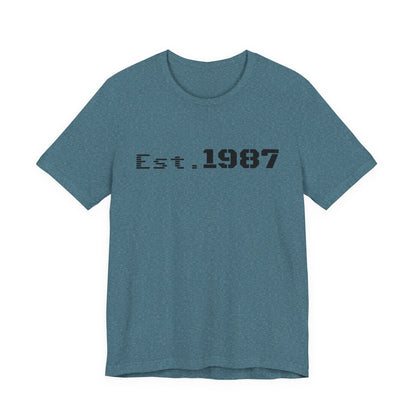 Vintage Est. 1987 T-Shirt by Printify featuring classic design and bold "Born 1987" print on a comfortable cotton tee.
