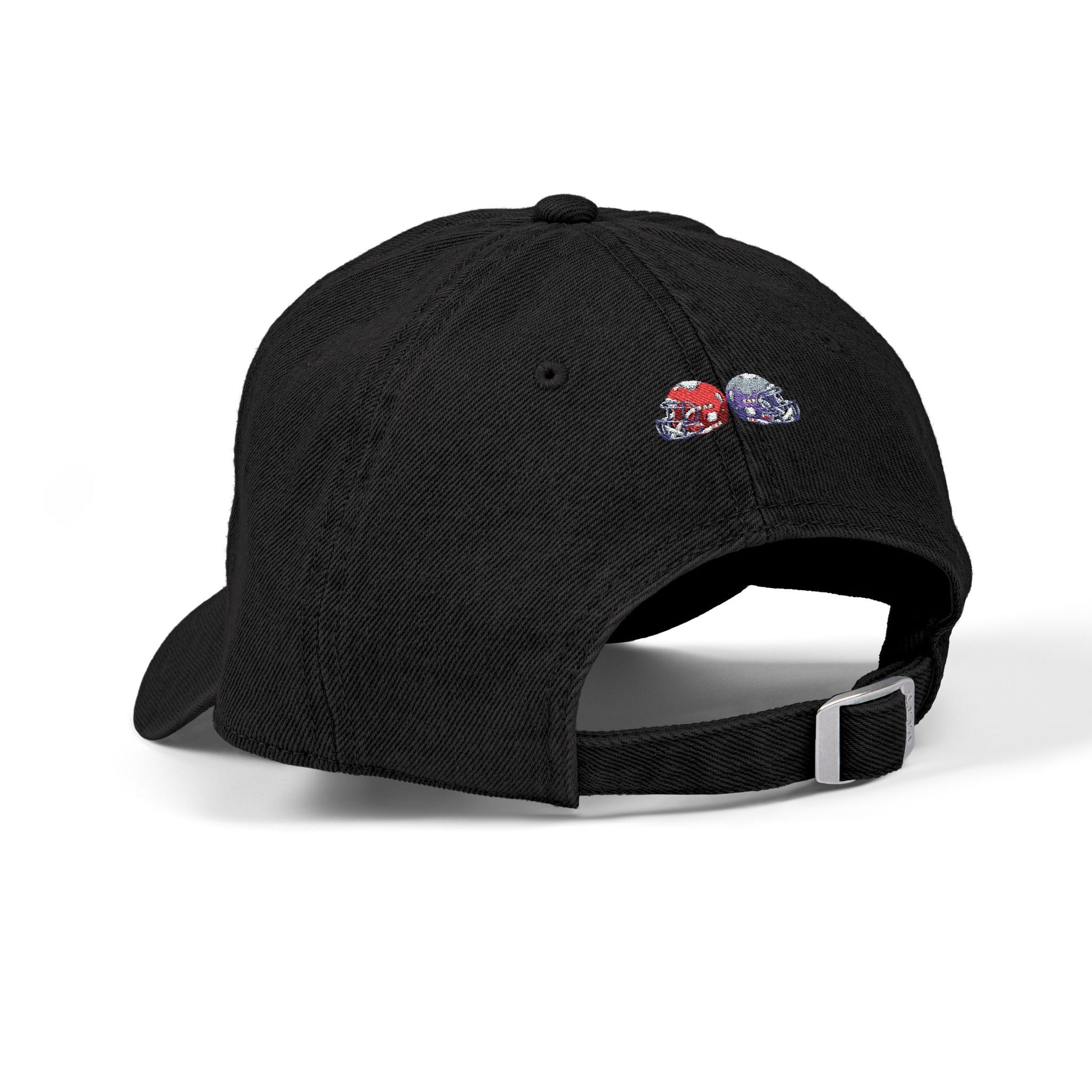 Red and blue embroidered football helmets denim hat by Printify, featuring team cap design with detailed stitching.