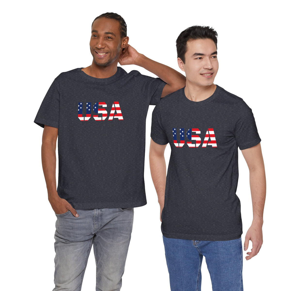 USA flag patriotic T-shirt by Printify featuring bold red, white, and blue colors, perfect for Fourth of July celebrations.