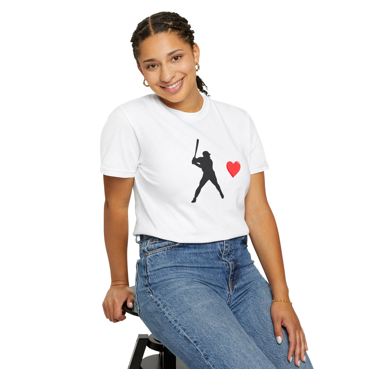 White baseball batter heart T-shirt by Printify featuring a graphic of a batter with a heart in the background.