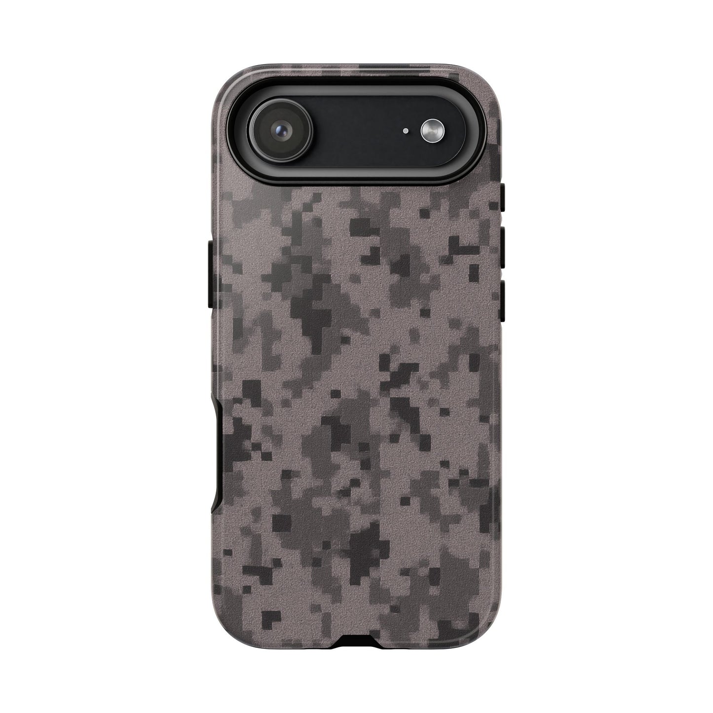 Gray digital camouflage phone case by Printify, tough protective cover for a smartphone with a modern camo design.