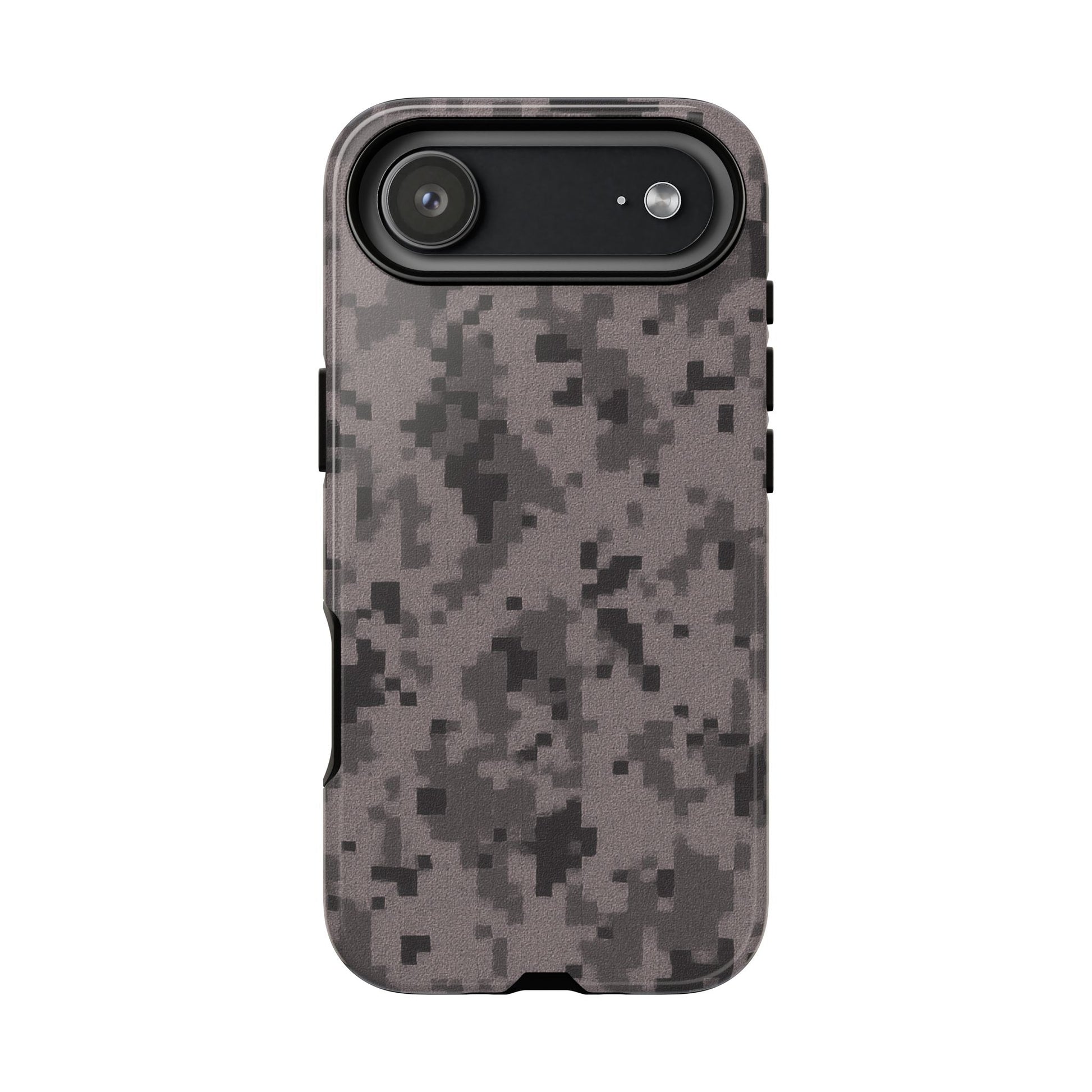 Gray digital camouflage phone case by Printify, tough protective cover for a smartphone with a modern camo design.