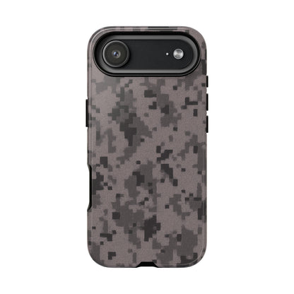 Gray digital camouflage phone case by Printify, tough protective cover for a smartphone with a modern camo design.