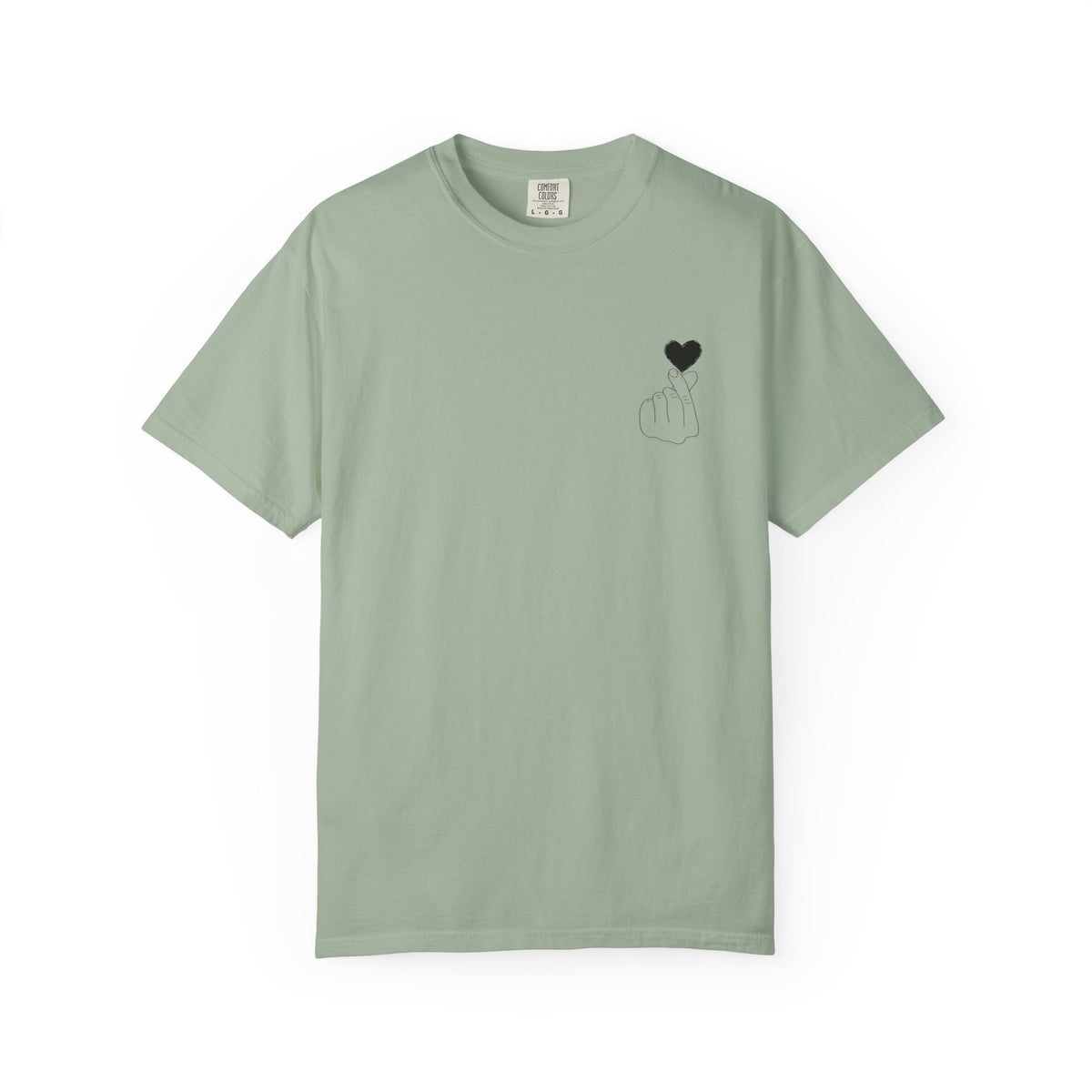 Black T-shirt with minimal pink finger heart graphic, casual style, by Printify, featuring a simple heart design on the front.