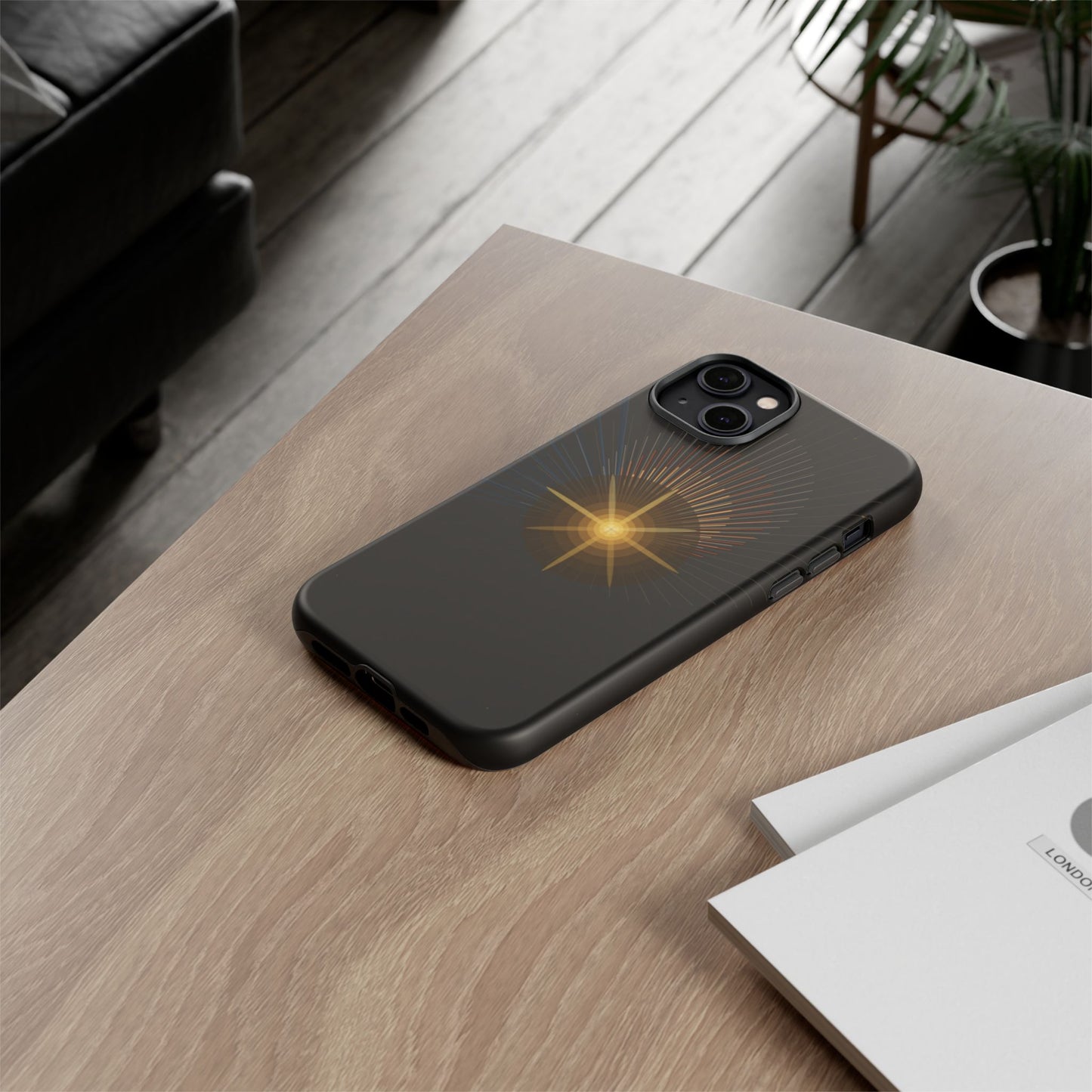 Tough Cases - Radiant Star Phone Case, Protective Black Shockproof Cover with Golden Light Design