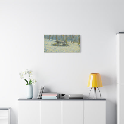 Snowy park bench matte canvas print featuring winter woodland scene, stretched 1.25 inches, ideal for wall decor.