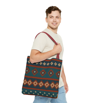 Southwestern diamond pattern tote bag with Aztec tribal geometric print, made by Printify, featuring vibrant fabric and sturdy handles.