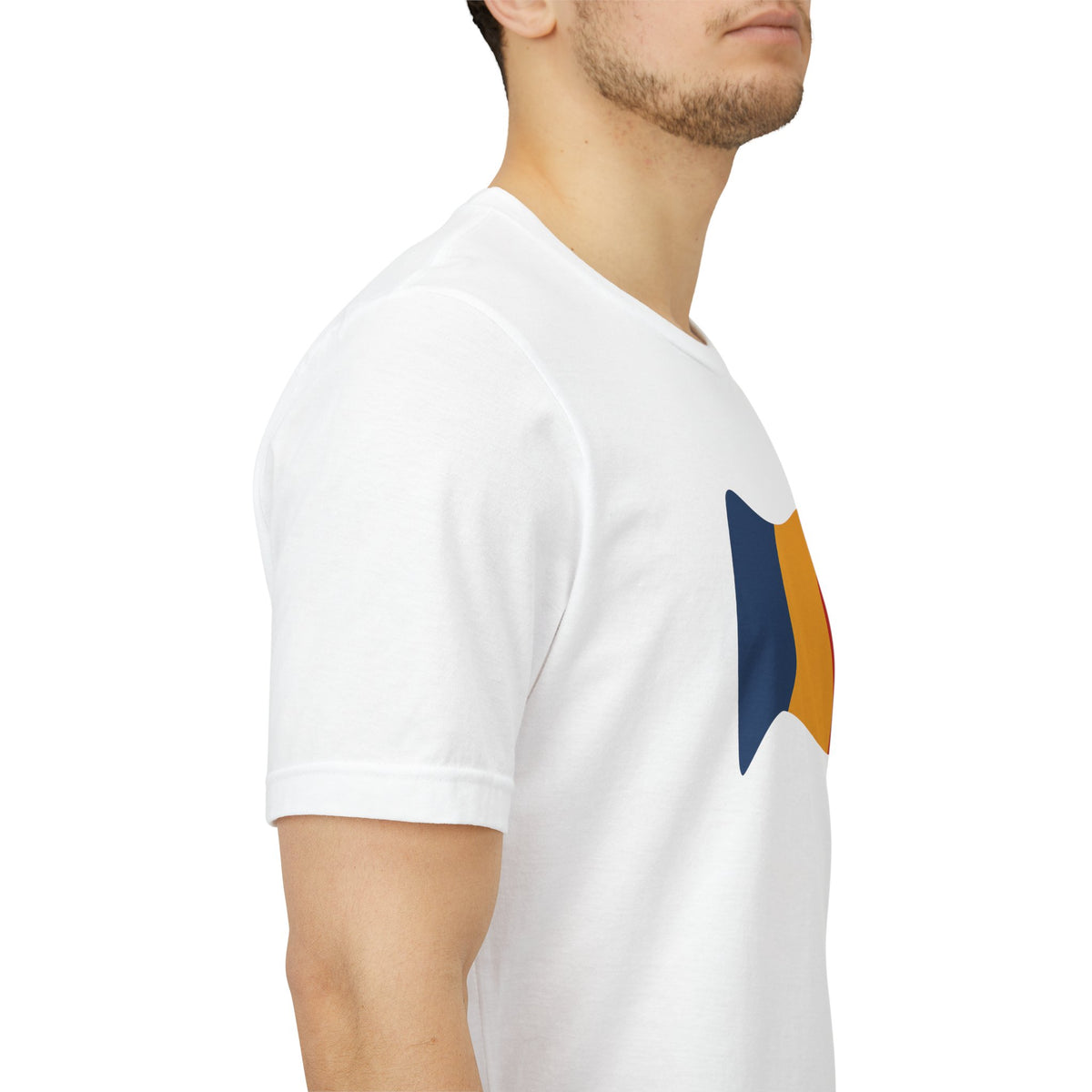 Romania flag T-shirt from Printify featuring a minimal waving tricolor design on a casual T-shirt.