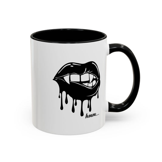 Black Dripping Lips graphic coffee mug with bite design, 11oz or 15oz, by Printify, featuring bold lip illustration on ceramic mug.