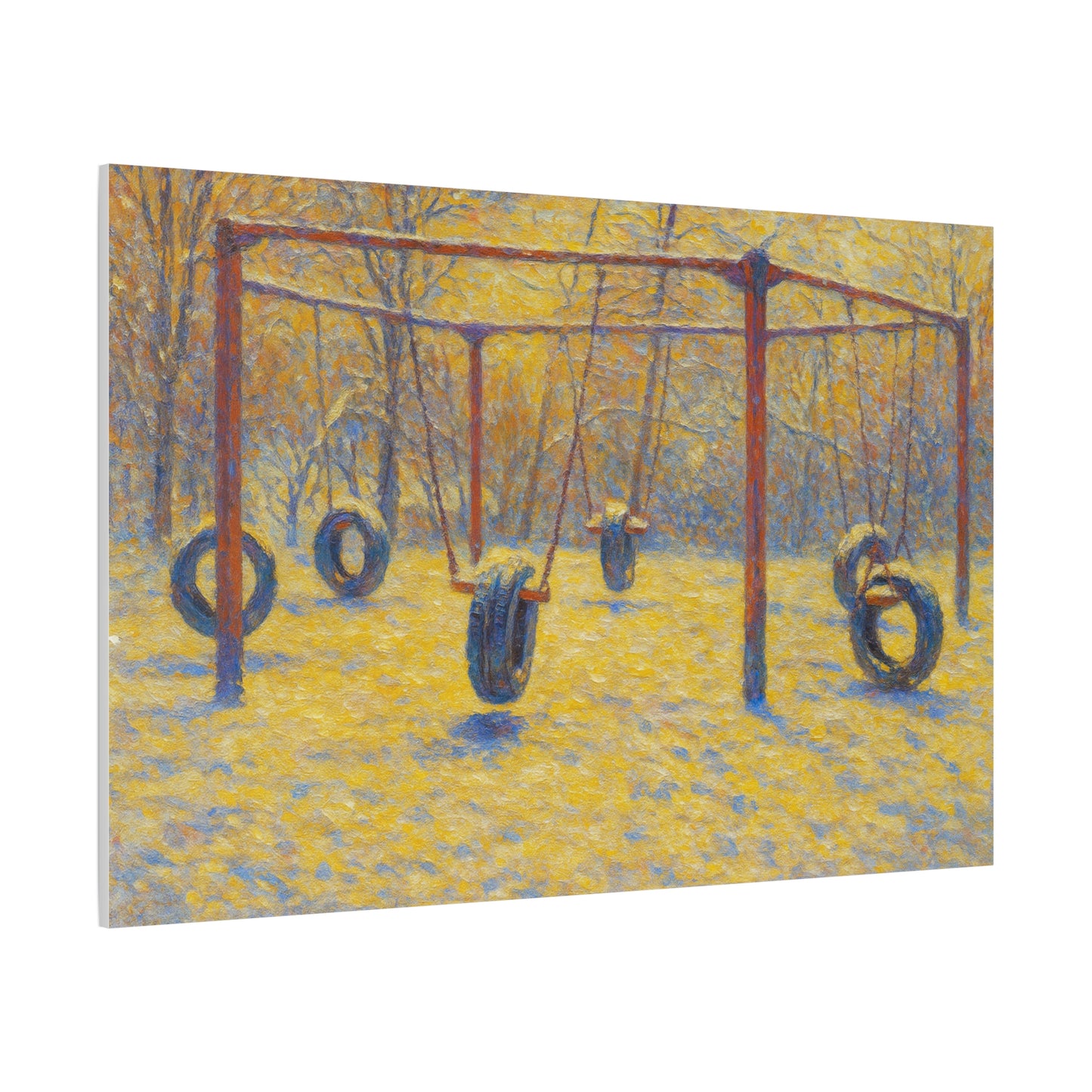 Matte stretched canvas wall art of a tire swing playground scene, printed by Printify, suitable for children's playroom decor