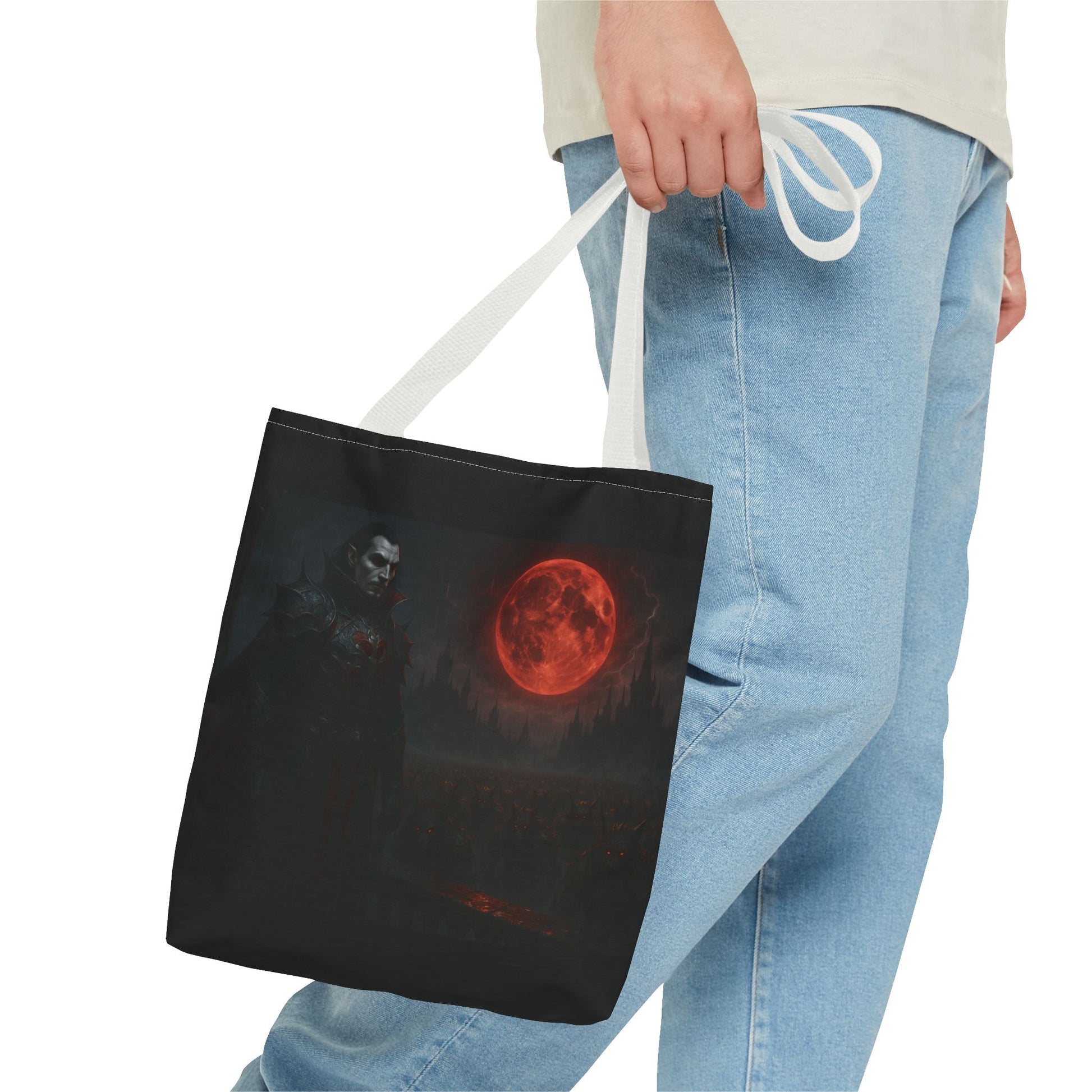 Gothic Dracula tote bag featuring moonlit vampire art, perfect for Halloween costumes and gothic fashion accessories.