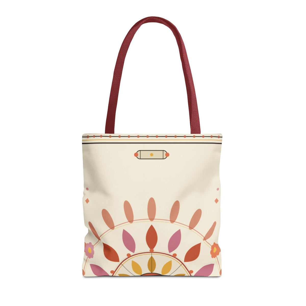 Boho floral mandala tote bag with pastel sunburst pattern, featuring vibrant bohemian design and sturdy fabric, by Printify.